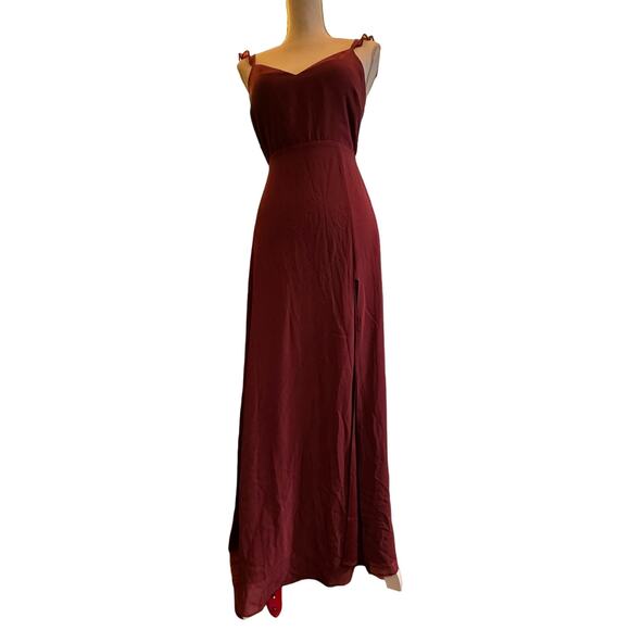 Burgundy Flowing Formal Birdy Gray Gown with Romantic Flouncy Ruffle Sleeve Bow - Picture 10 of 11